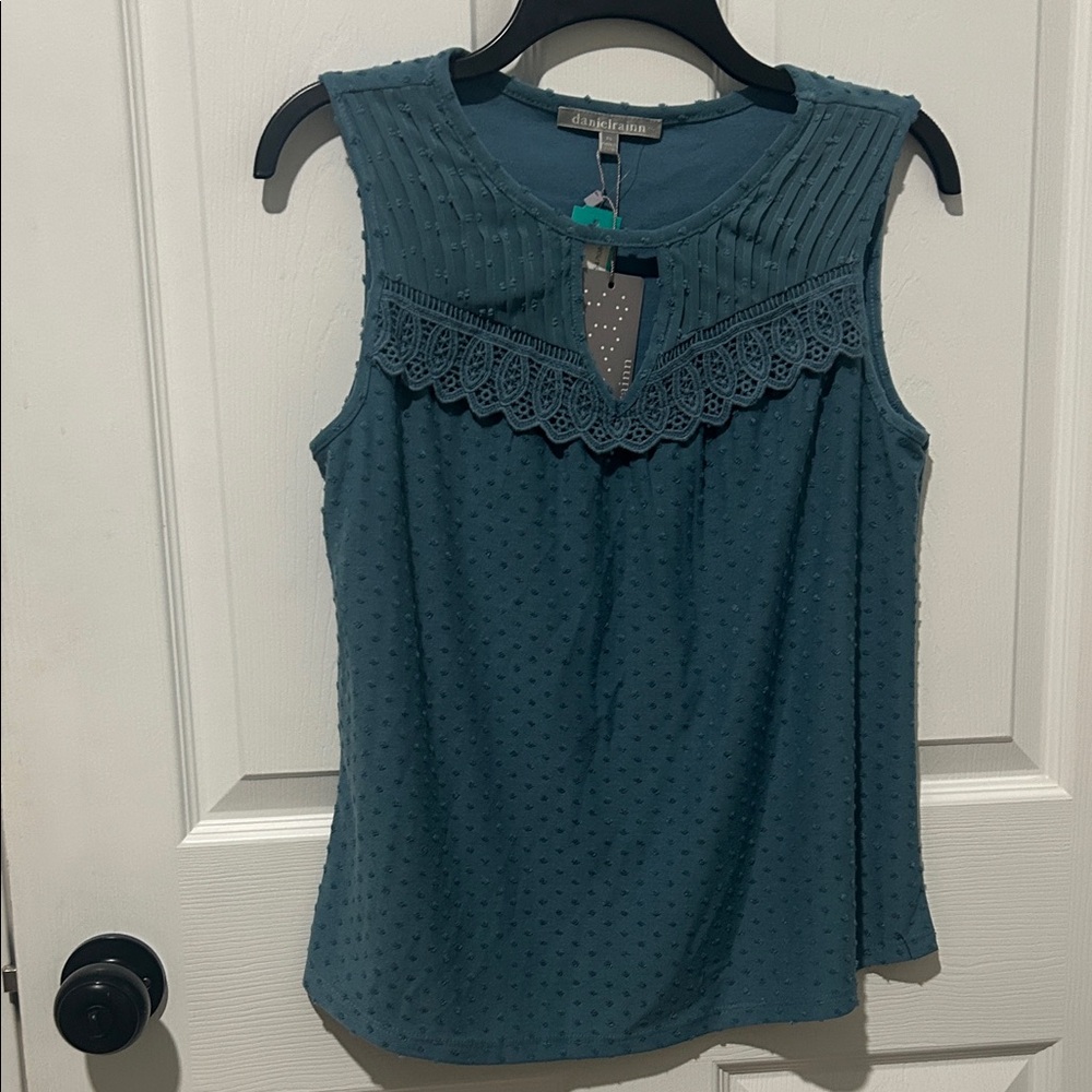 Daniel Rainn Teal Sleeveless Blouse with Lace Accent